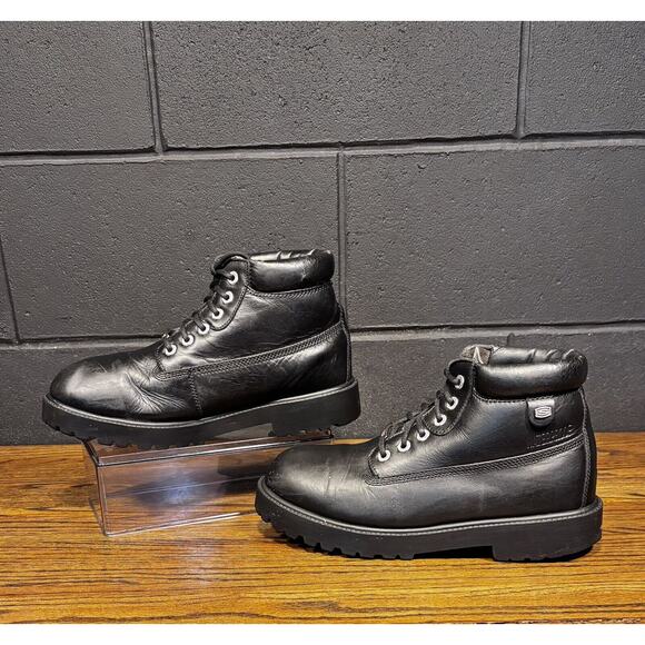 Vintage SKECHERS Chunky Black Leather Waterproof Biker Boots Men’s 10.5 - Picture 1 of 8
